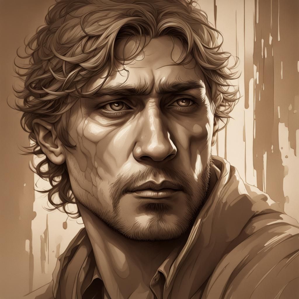 Sad Person Close-Up: Hyperrealistic Sepia Portrait