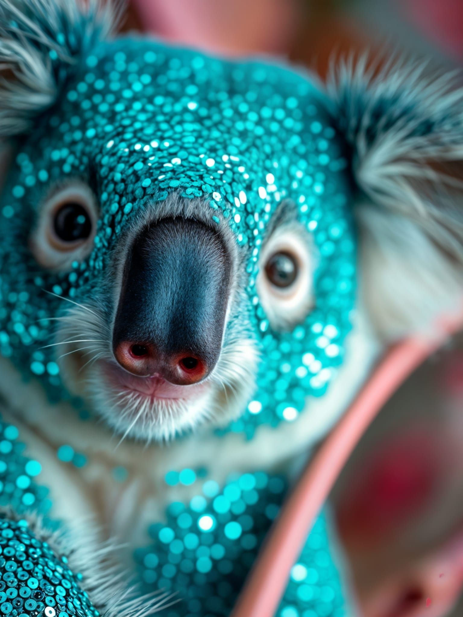 Turquoise Sequined Koala in Pink Eucalyptus