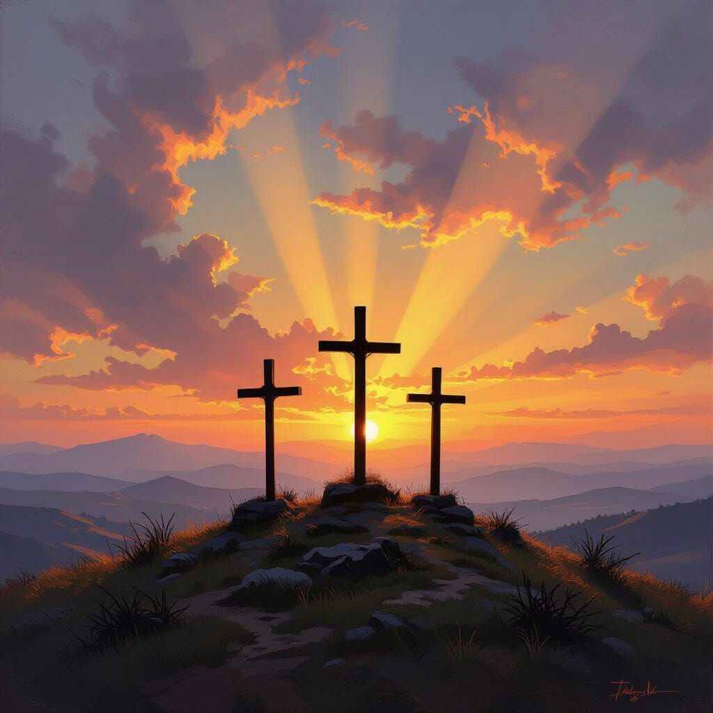 Hilltop Crosses at Sunset in Romantic Style
