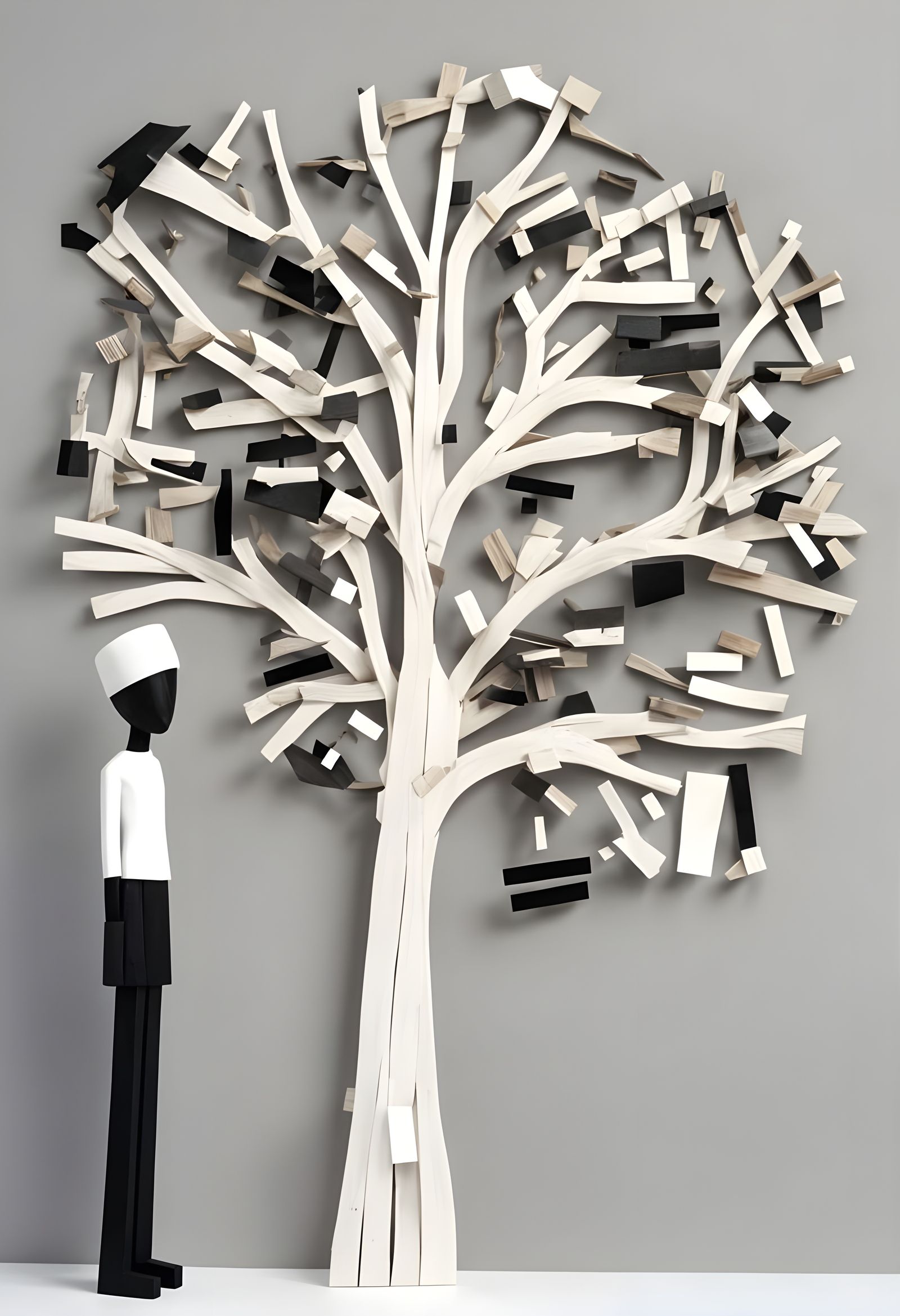 Folk Art Wooden Sculpture of a Black Tree with Figurine