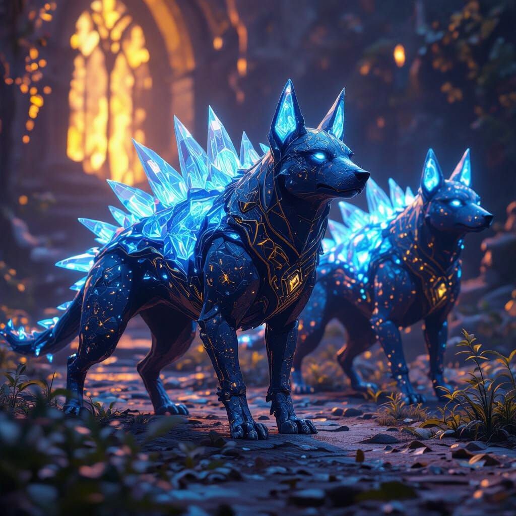 Doglike Creatures with Crystal Backs in Dark Fantasy Style