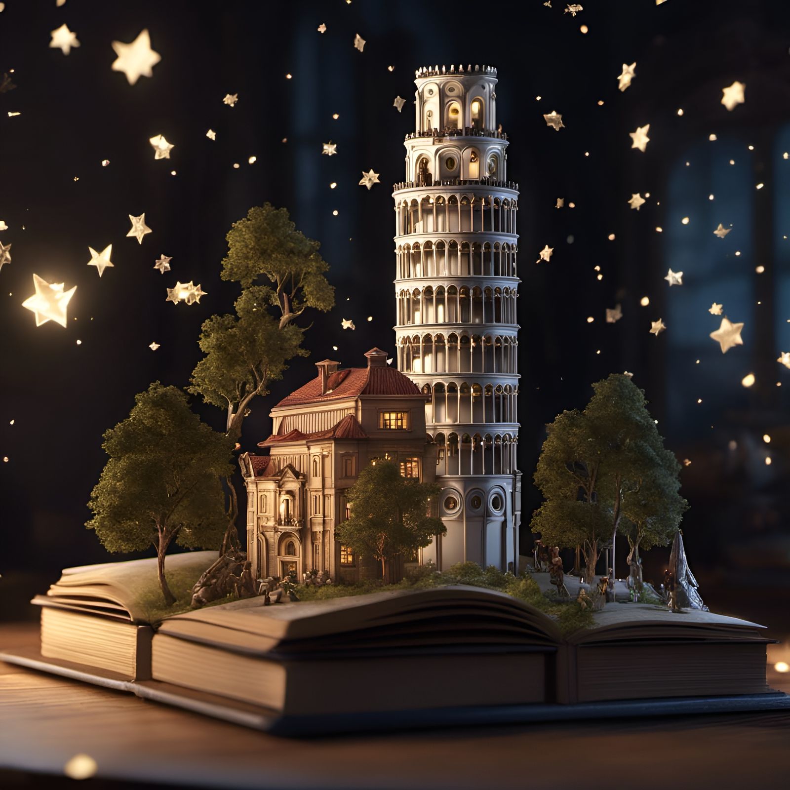 Floating Leaning Tower Emerges from Book, Rococo Style