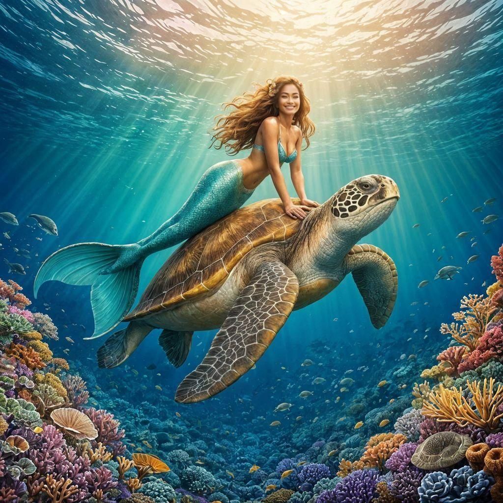 Polynesian Mermaid on Sea Turtle: Watercolor Fantasy