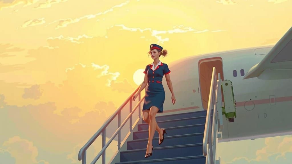 Stewardess Descending in Rockwell-esque Style