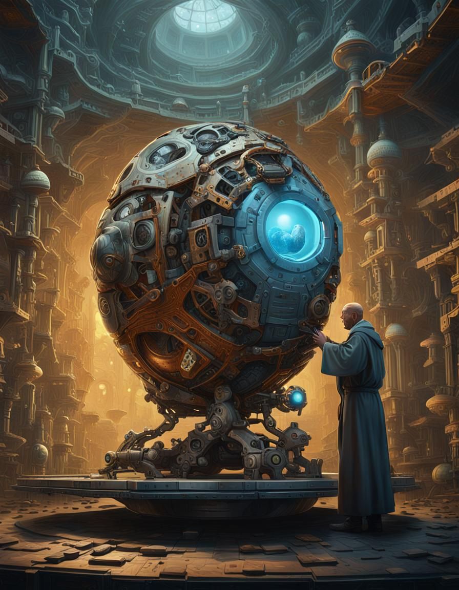 Cyborg Angel Hatching in Surreal Hi-Tech Scene