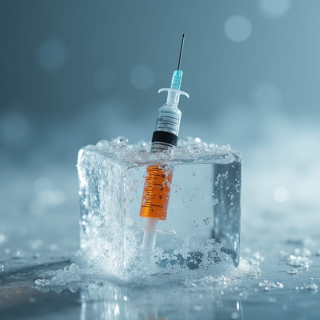 Syringe Frozen in Ice Cube: Hyperrealistic Digital Art