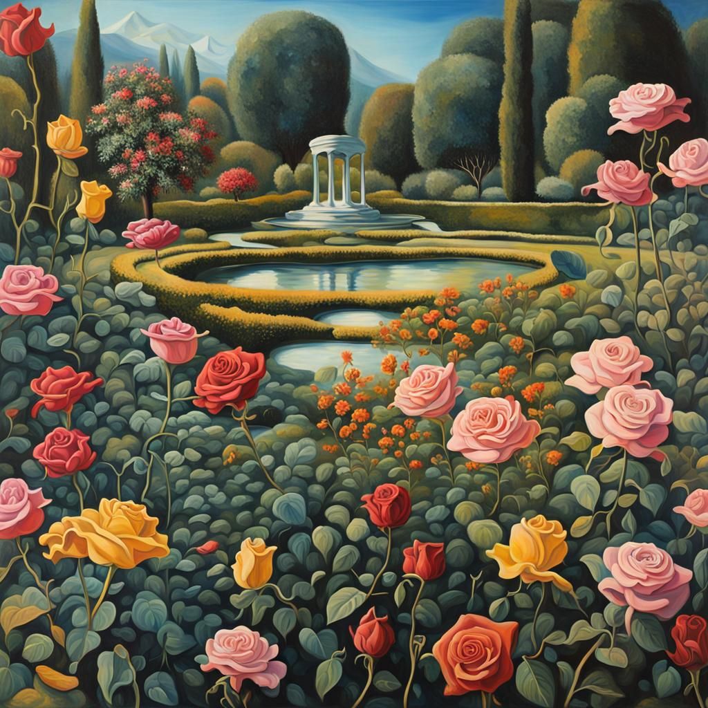 Surrealist Garden with Melting Roses in Dali Style