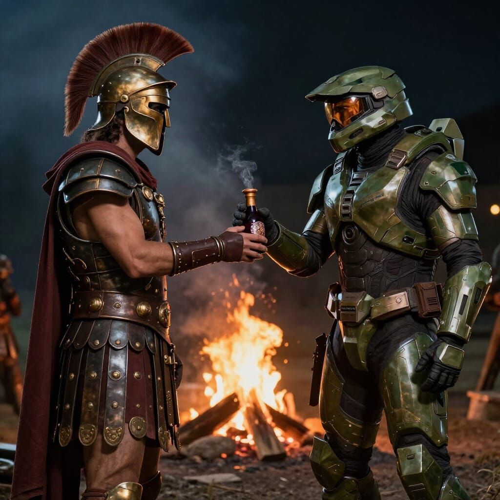 Spartan Warrior Offers Drink To Futuristic Soldier