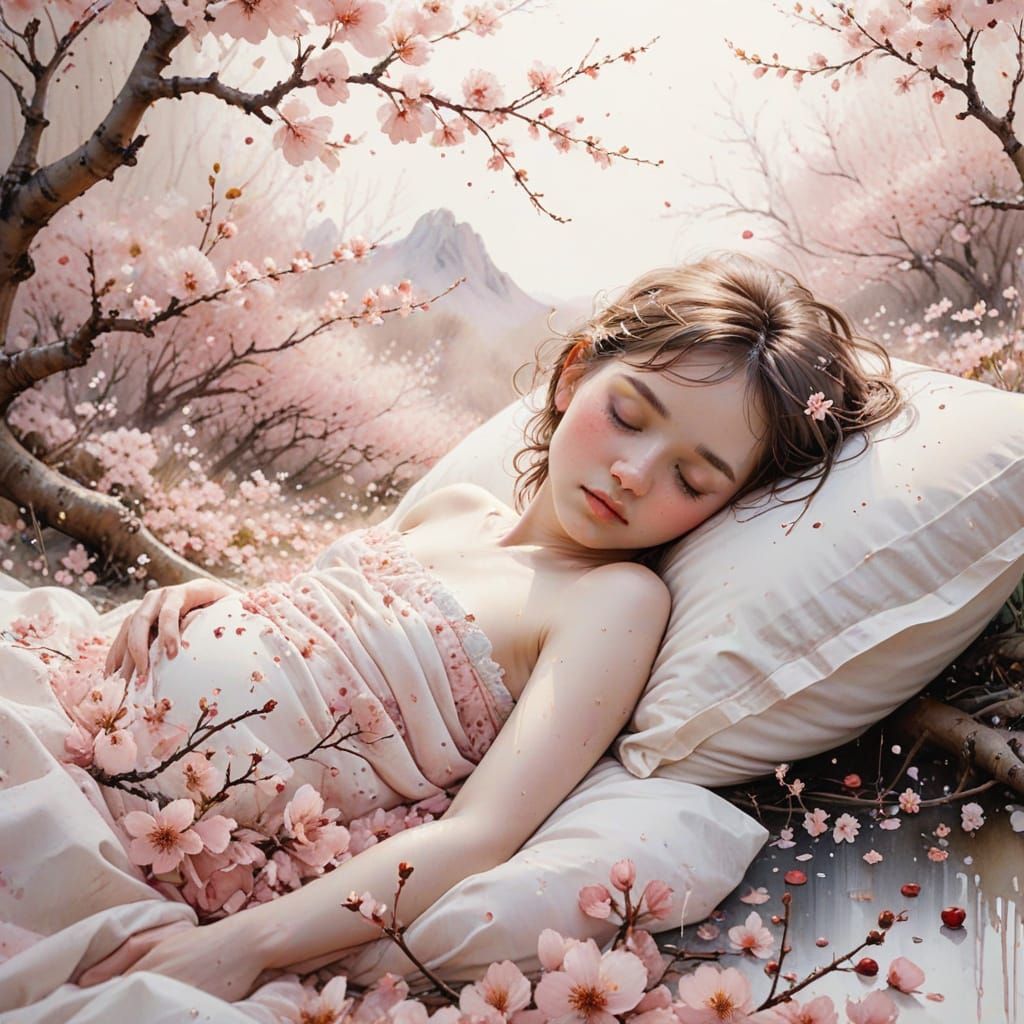 Baby Sleeping Amidst Cherry Blossoms in Watercolor Style