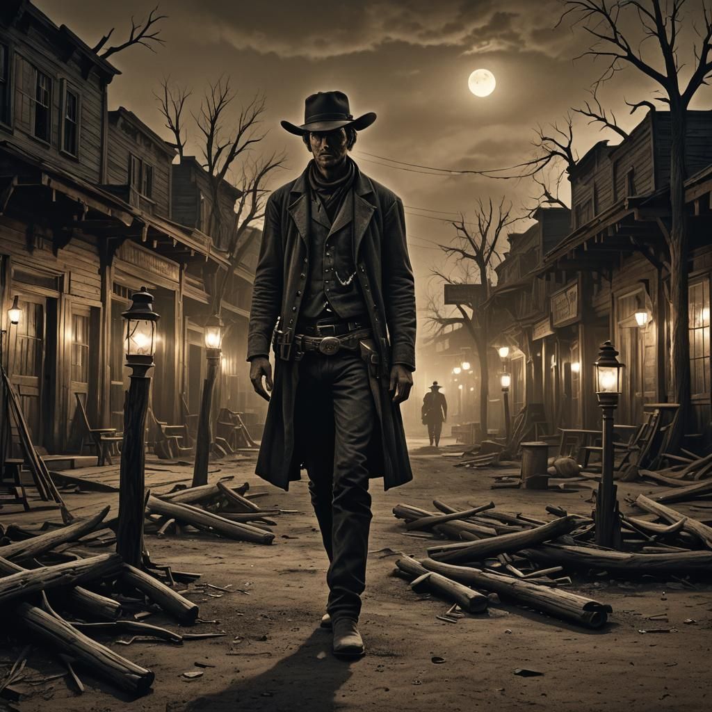 Grimdark Cowboy in Deserted Old West Town