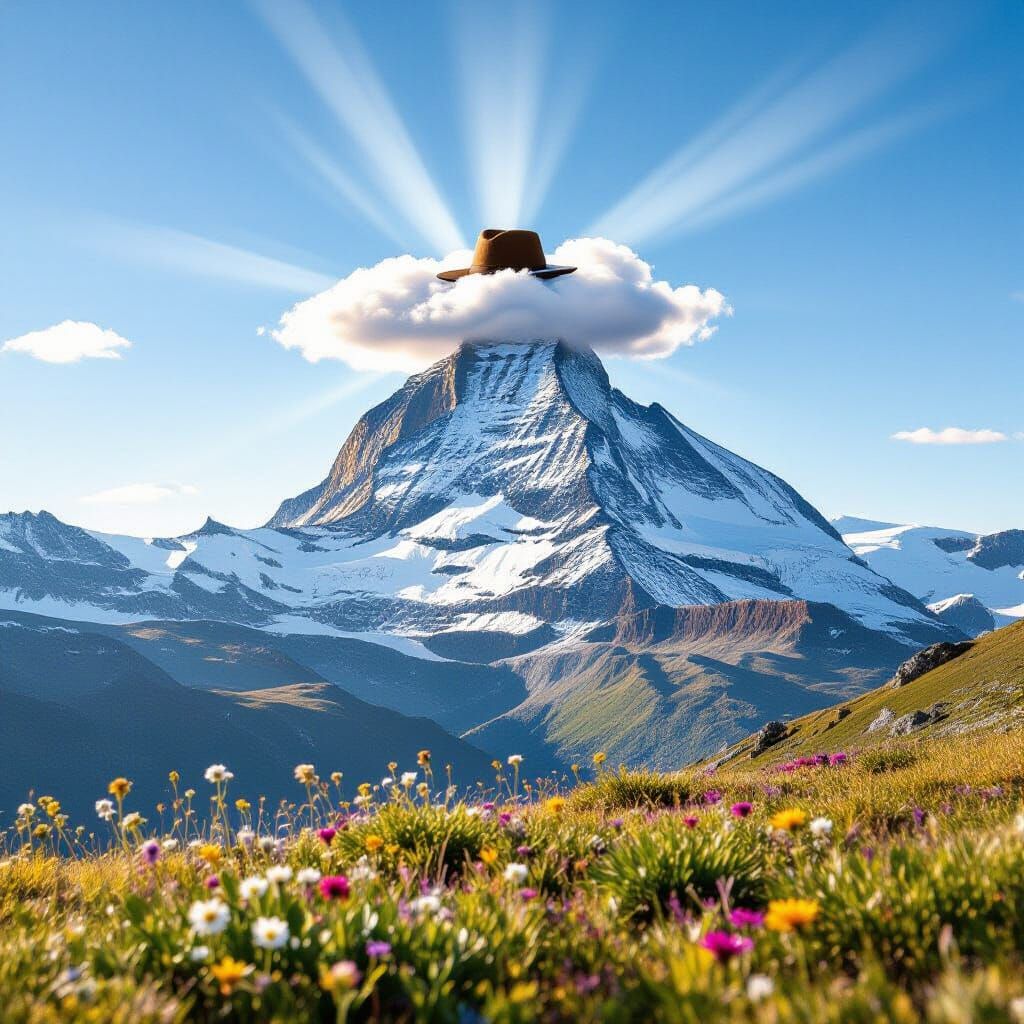 Majestic Cloud-Crowned Mountain Peak at Sunrise