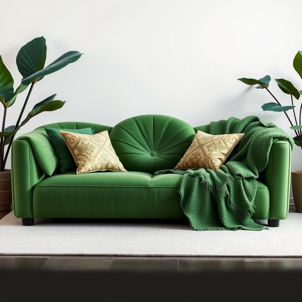 Lotus-Inspired Sofa with Green Leaf Throw