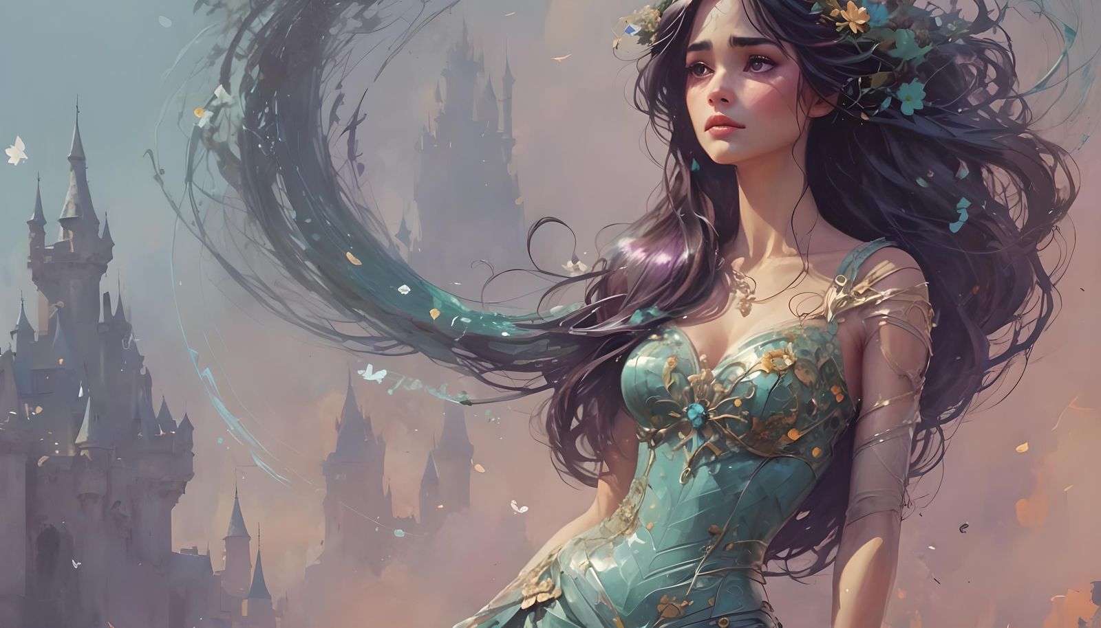 Gorgeous Rapunzel in Teal Dress: Digital Art