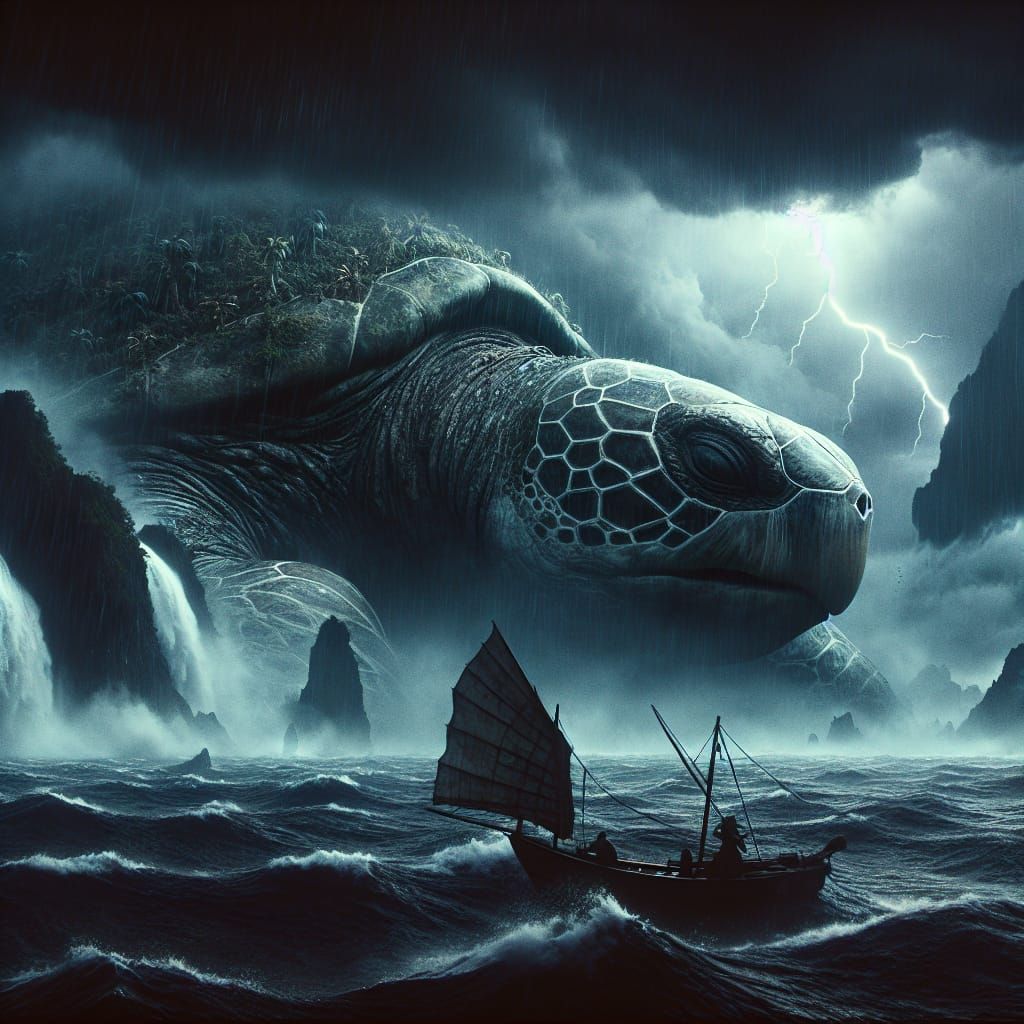 Epic Sea Turtle Amidst Turbulent Stormy Seas in 35mm Film