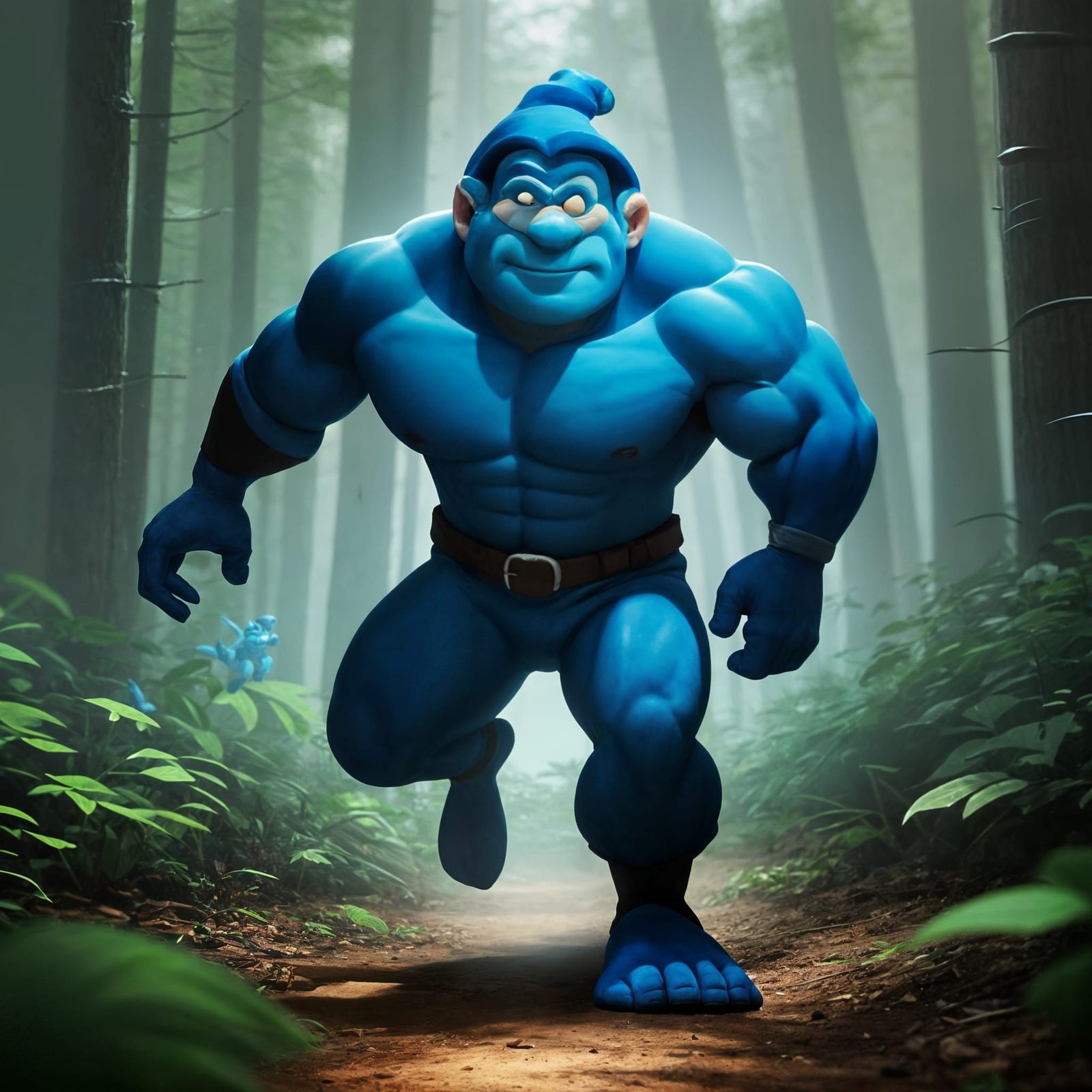 The Smurfinator: A Muscular Smurf's Forest Chase