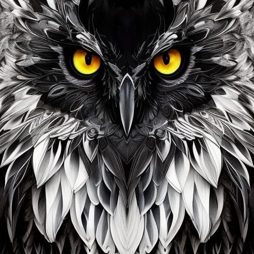 Monochrome Owl Portrait in Hyperdetailed Gouache Style
