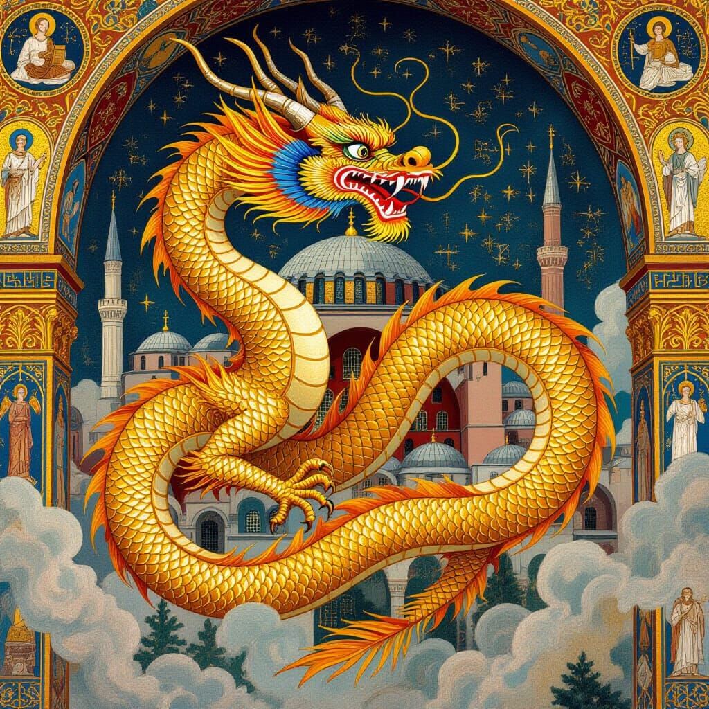 Golden Dragon Embraces Byzantine Cathedral in Fresco Style