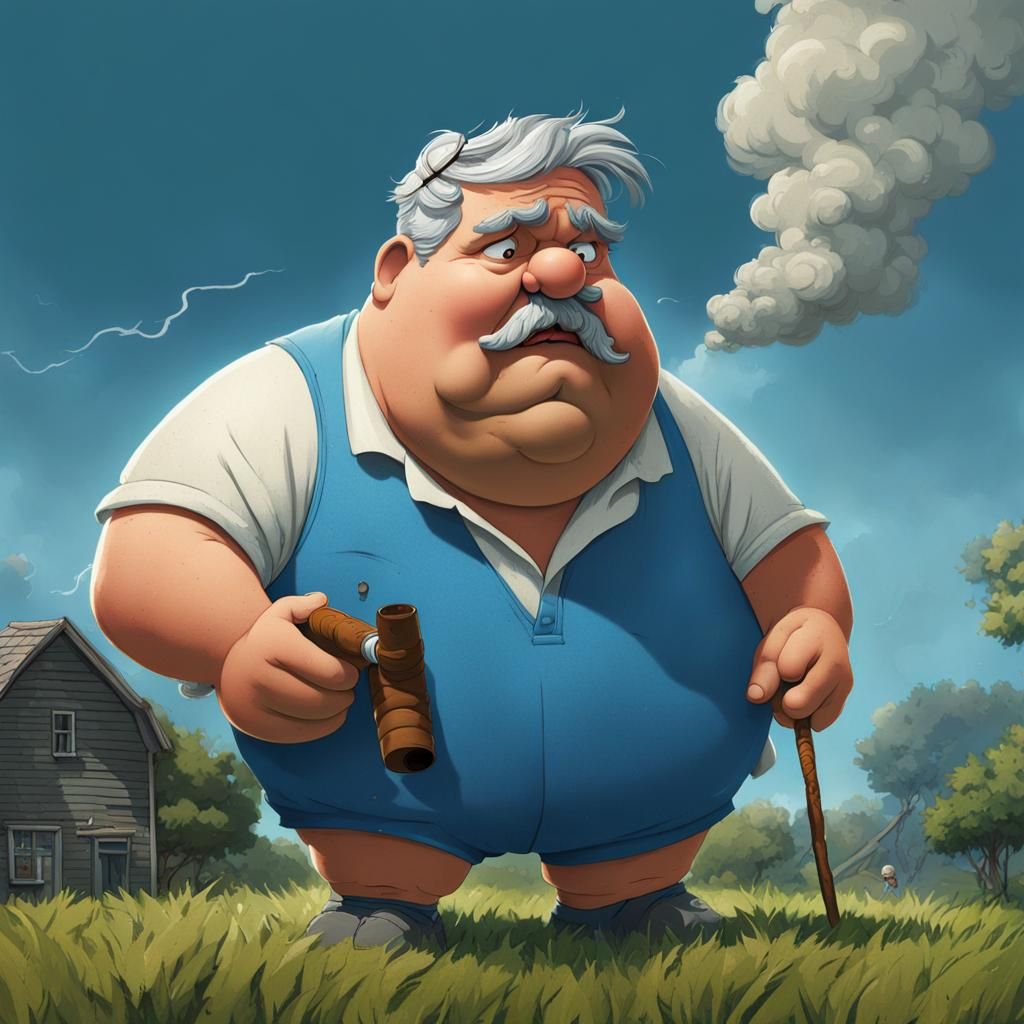 Grim Cartoon Man Smoking Cigar on Lawn