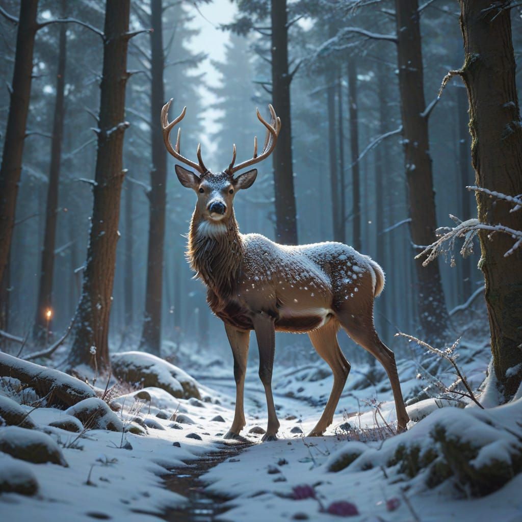Surreal Winter Deer in a Sparkling Snowy Forest