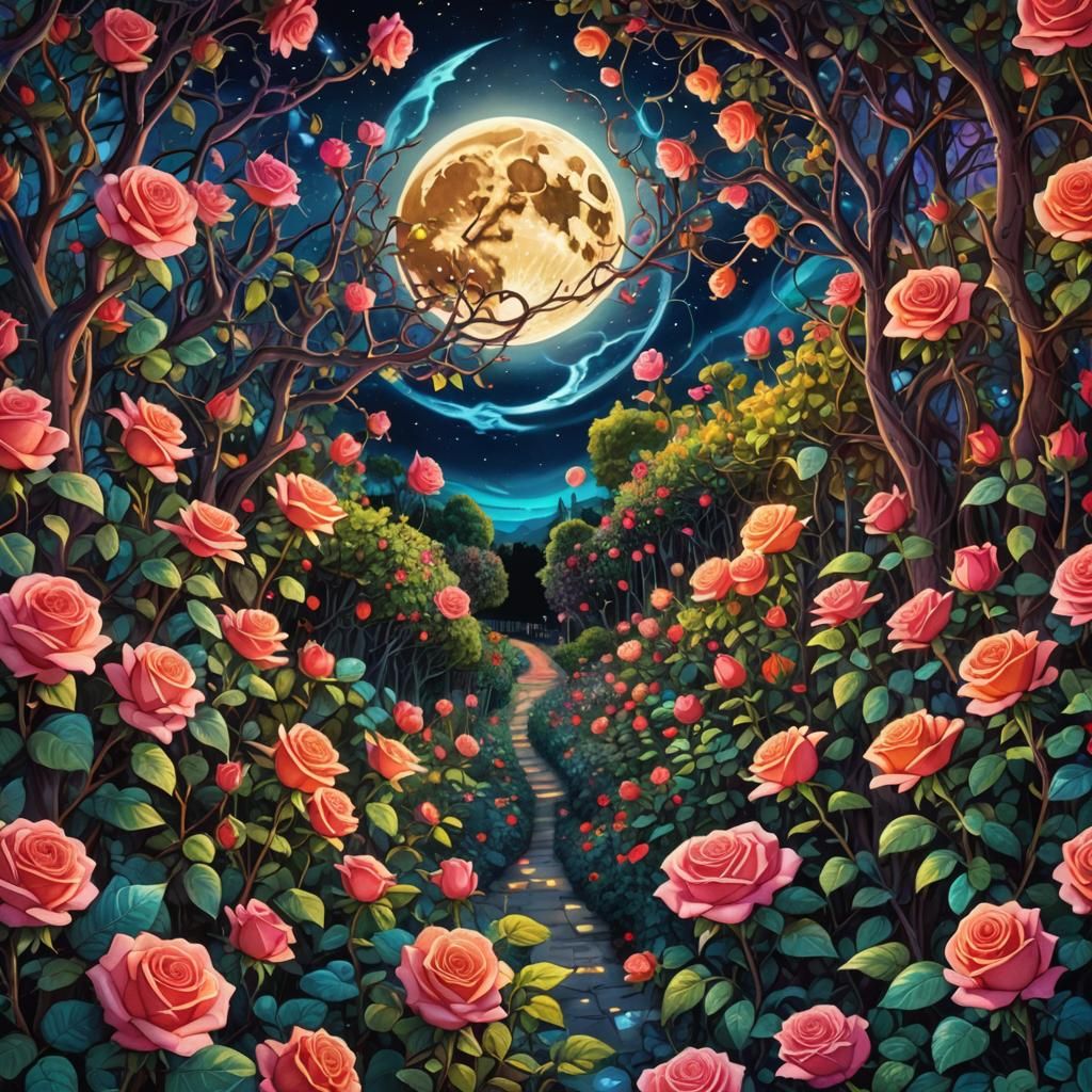Cosmic Rose Garden Under the Moon, in Mixed Media Style