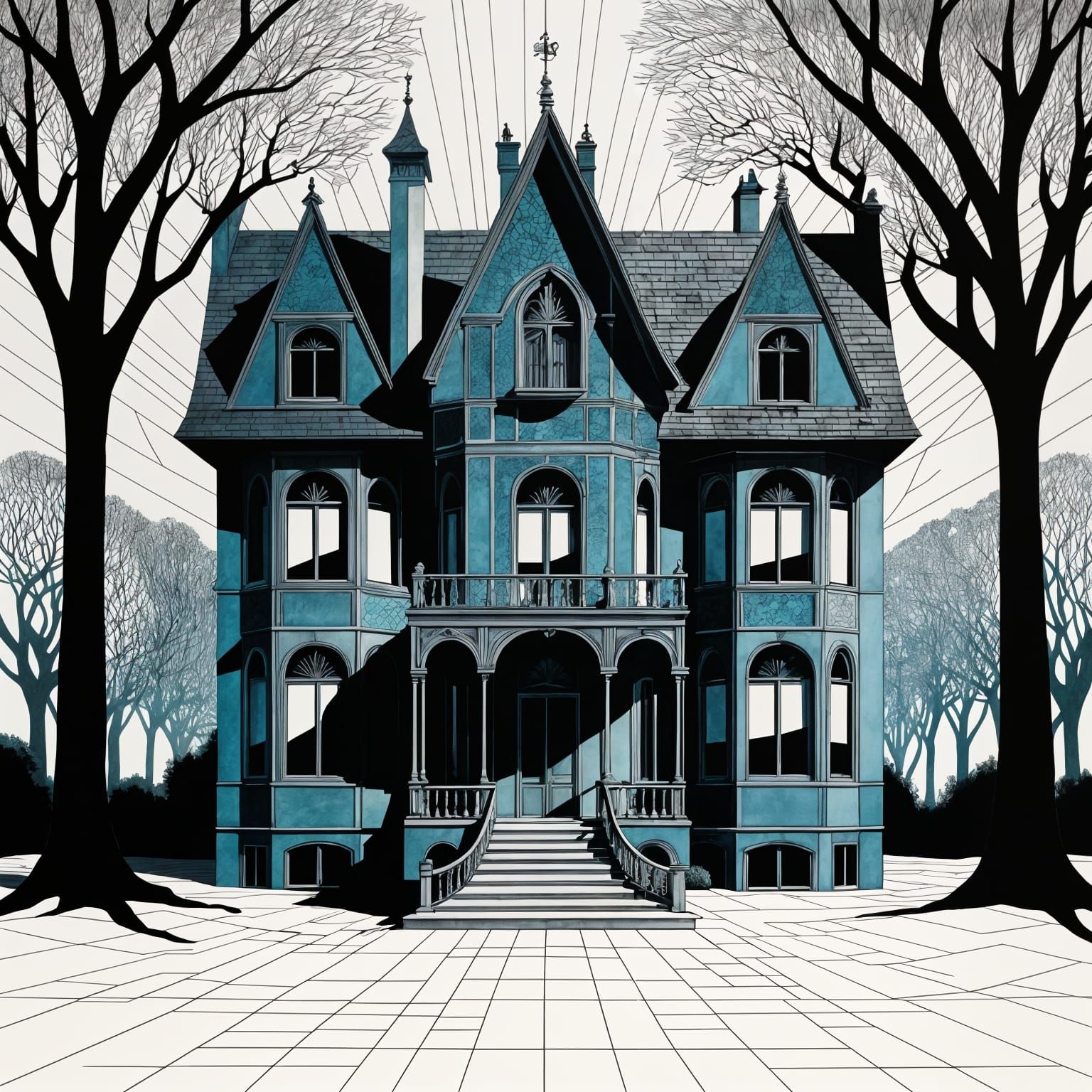 Gothic Mansion with Bay Windows and Mysterious Shadows