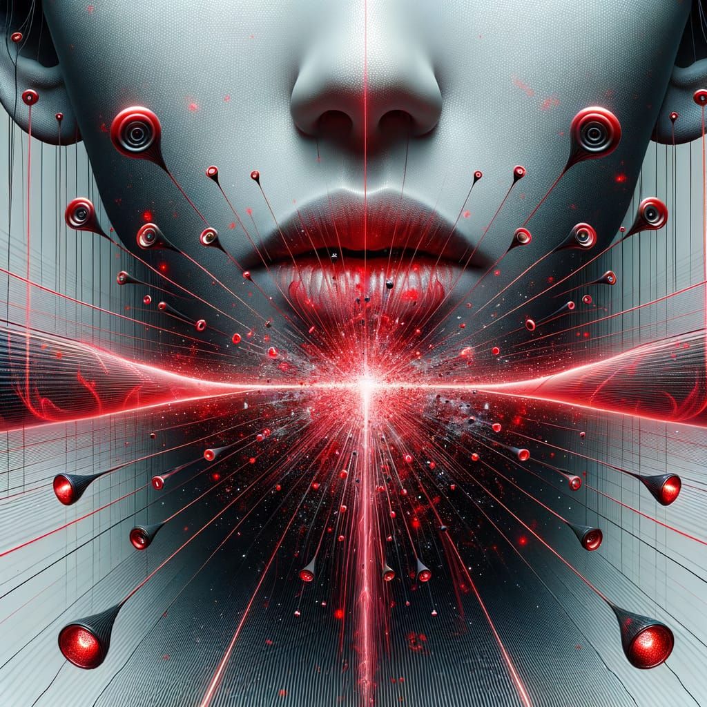 Woman's Face Silenced by Invisible Force, Red Sound Wave