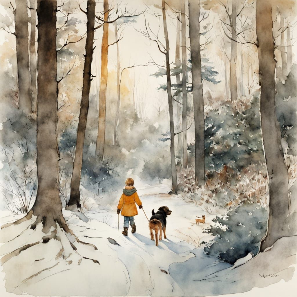 Child and Dog Walking in Winter Forest Watercolor