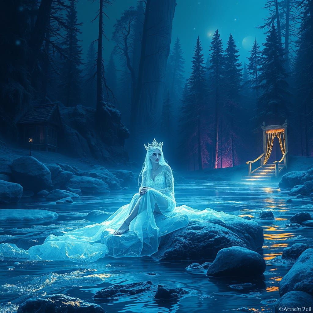 Ethereal Ice Queen Illuminates Mystical Forest Night