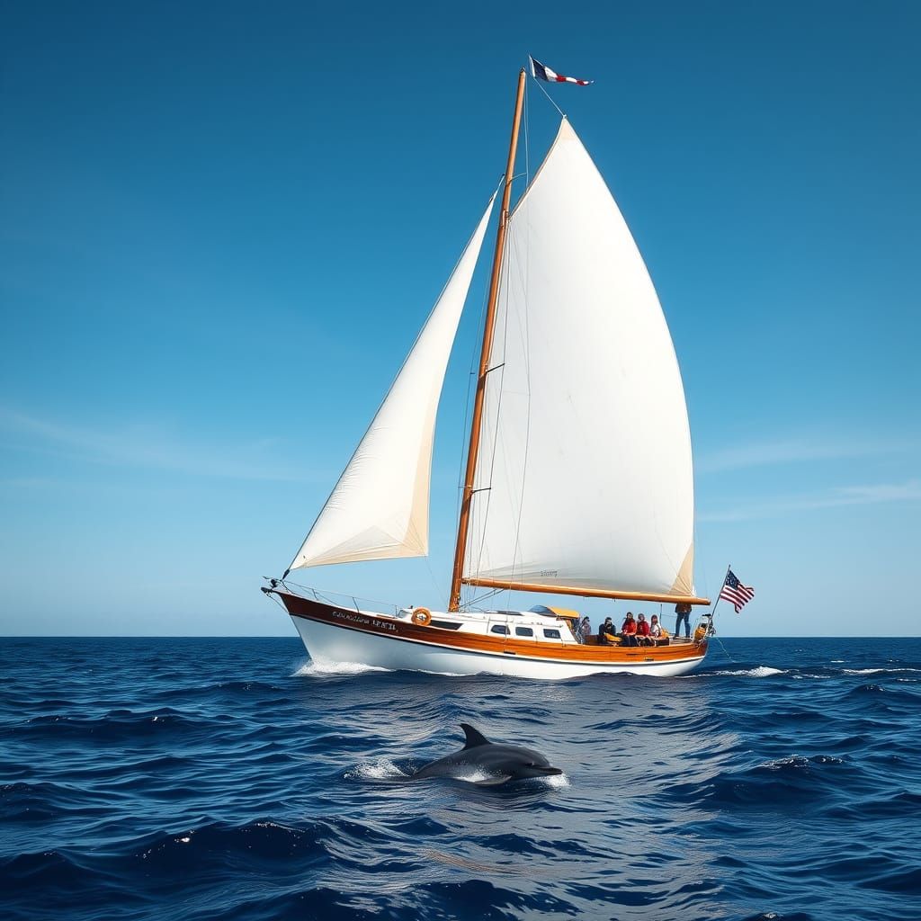 Sailboat and Dolphins in Open Ocean