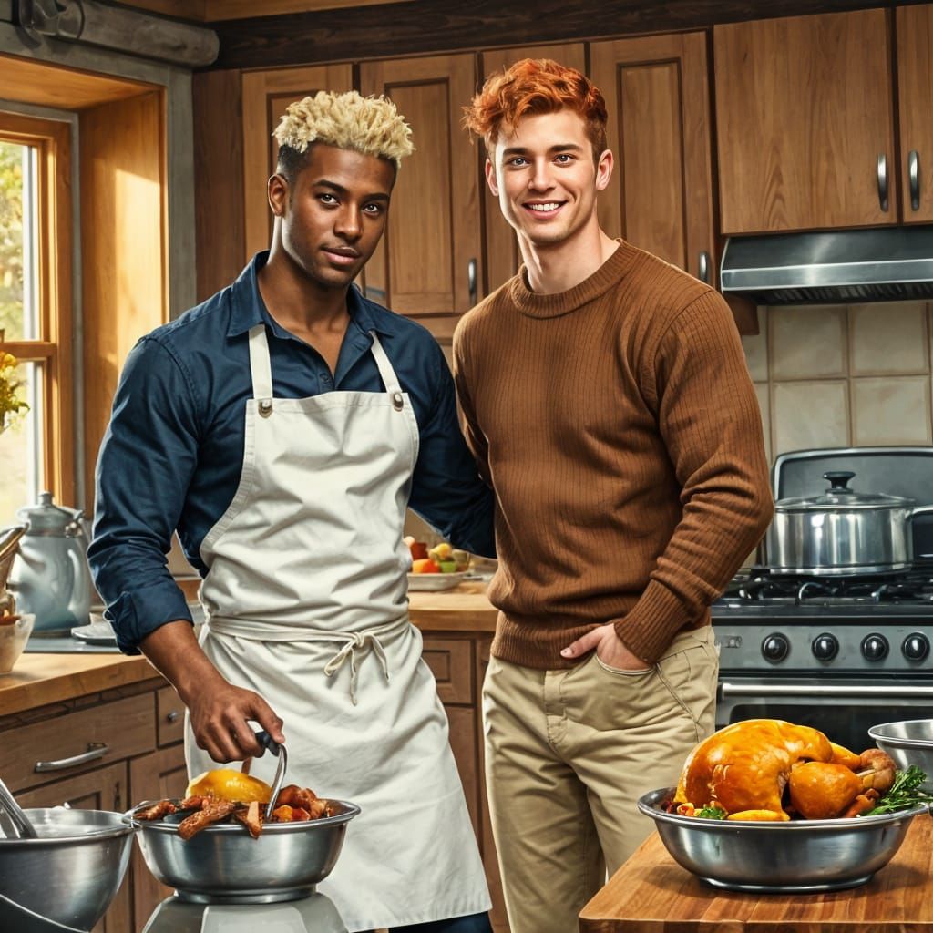 Handsome Men Cook Thanksgiving Together in Vintage Kitchen