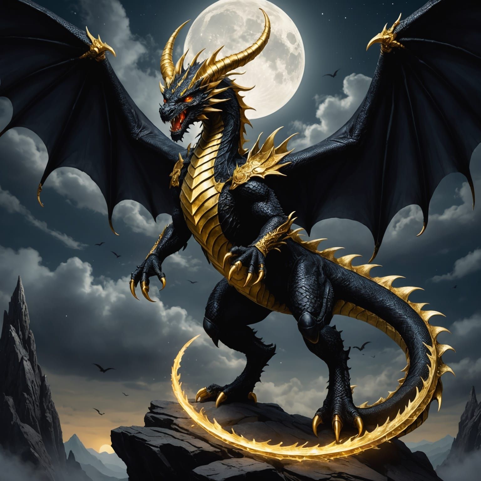 Majestic Obsidian and Gold Dragon in Moonlight
