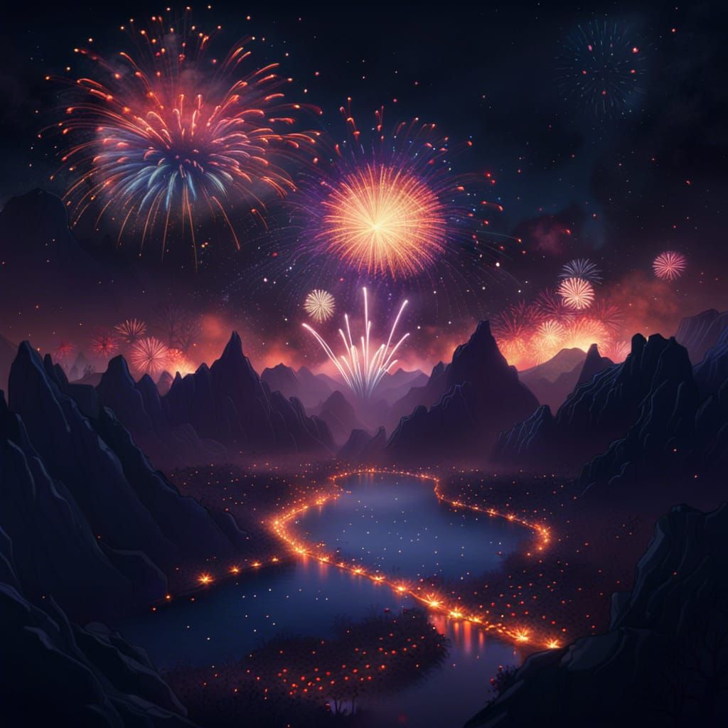 Fireworks Explode in a Fantastical Night Sky