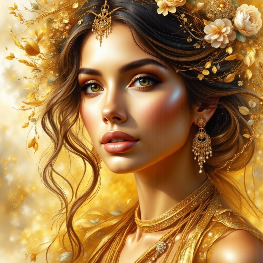 Gold Model Portrait with Watercolor and Ink Splash