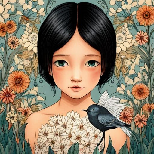 Toddler with Cats in Fairytale Coloring Book Style