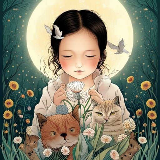 Enchanting Toddler with Cats in Vector Line Art