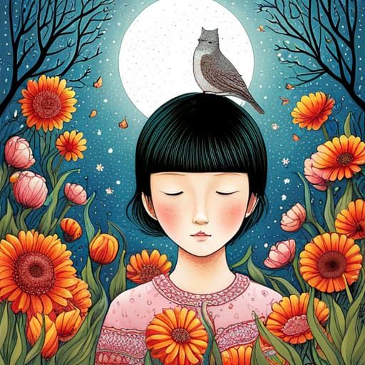 Toddler with Cats: Fairytale Vector Line Art