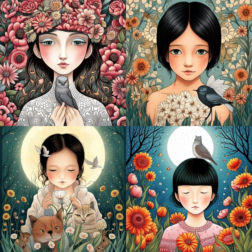 Toddler with Cats in Fairytale Vector Art