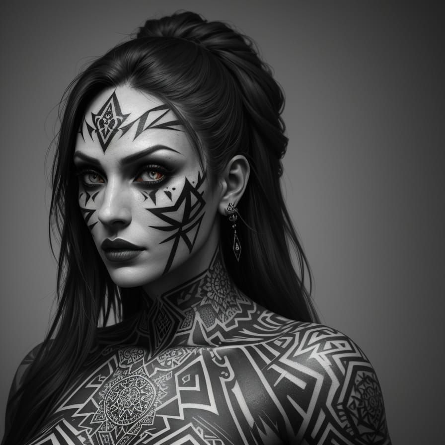 Geometric Neck Tattoo in High-Contrast Black and Grey