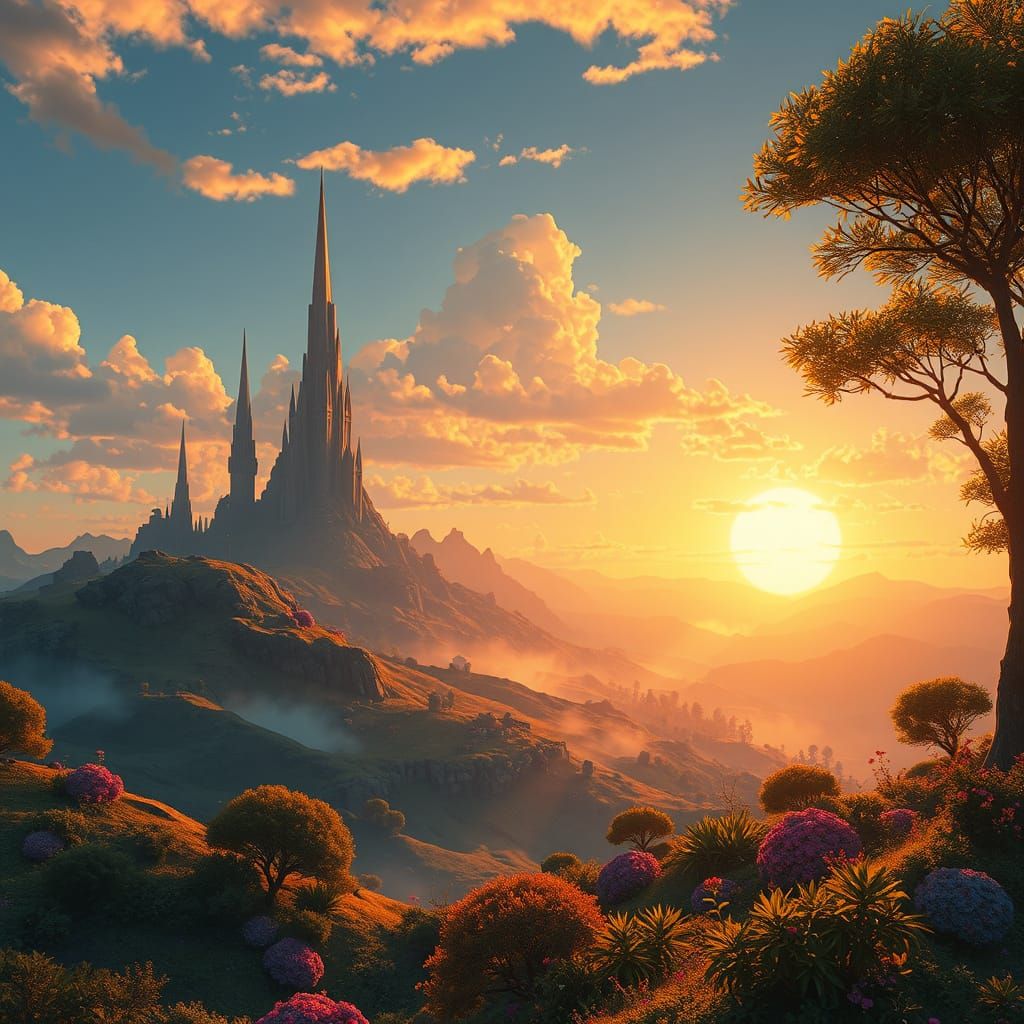 Surreal Landscape of Wonder and Serenity in Golden Light