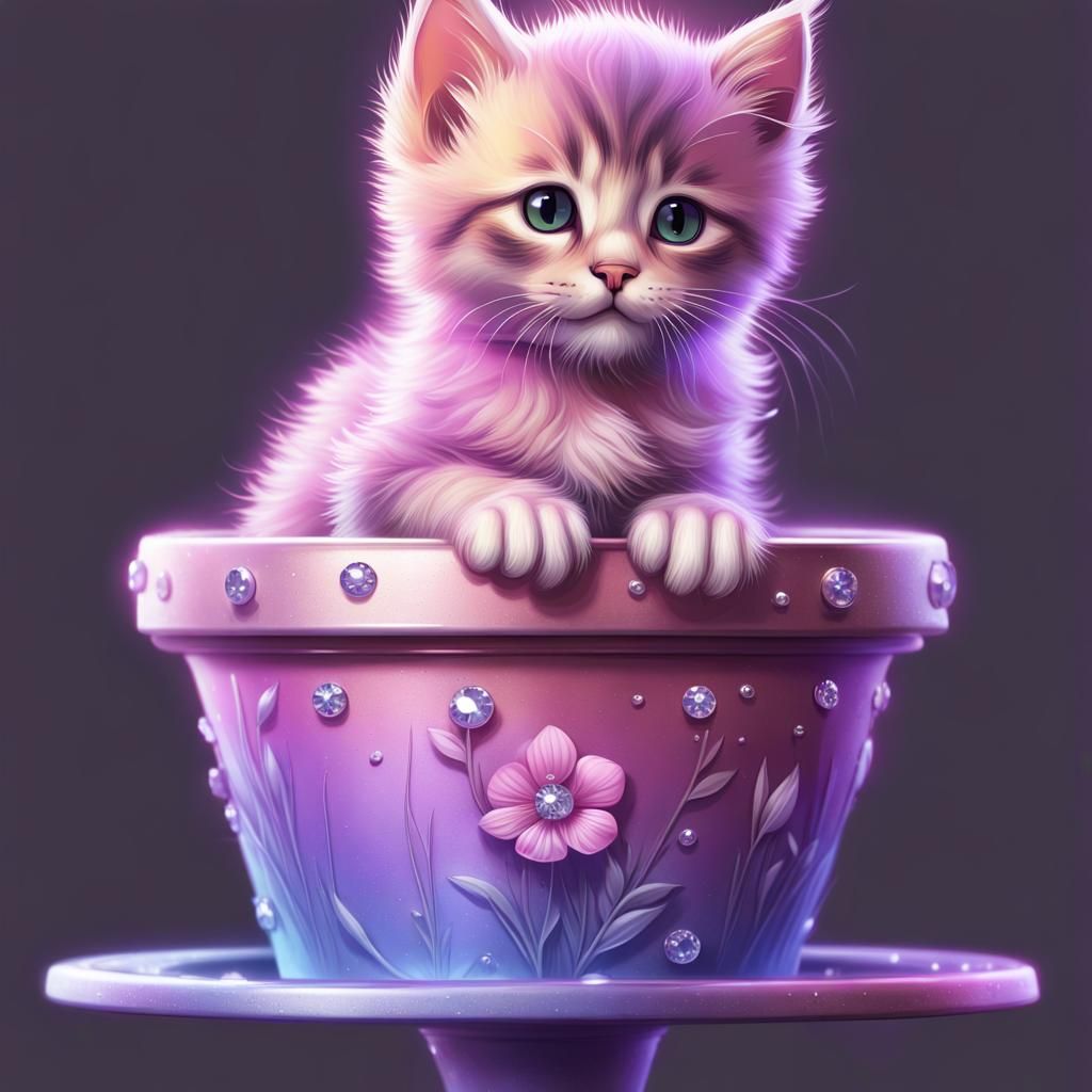 Adorable Kitten in Flower Pot: Digital Illustration
