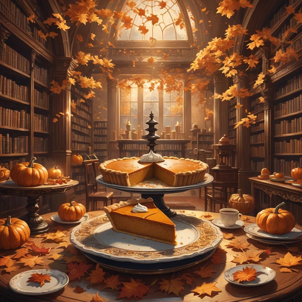 Giant Pumpkin Pie in Victorian Library, Cookbook Illustratio...