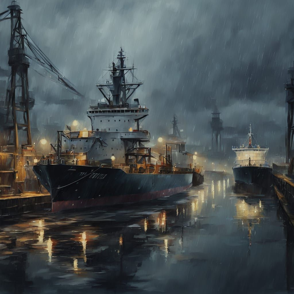 Gloomy Seaport at Dusk: Moody Oil Painting with Blurred Ligh...