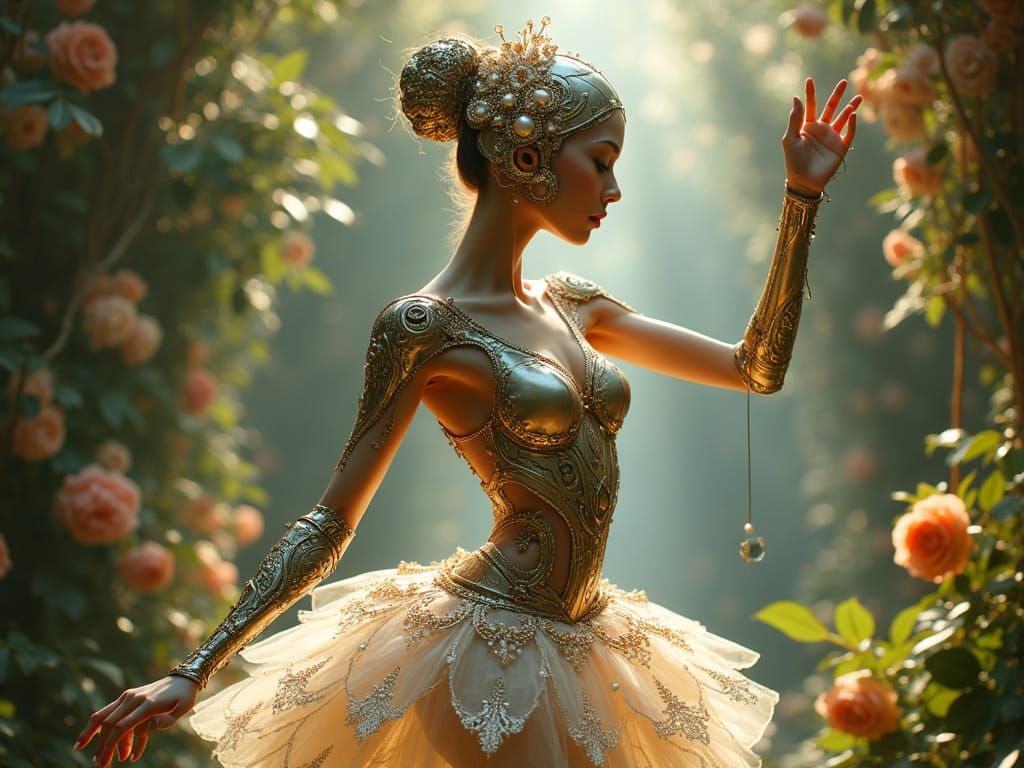 Cybernetic Ballerina in Art Nouveau Style with Biomechanical...