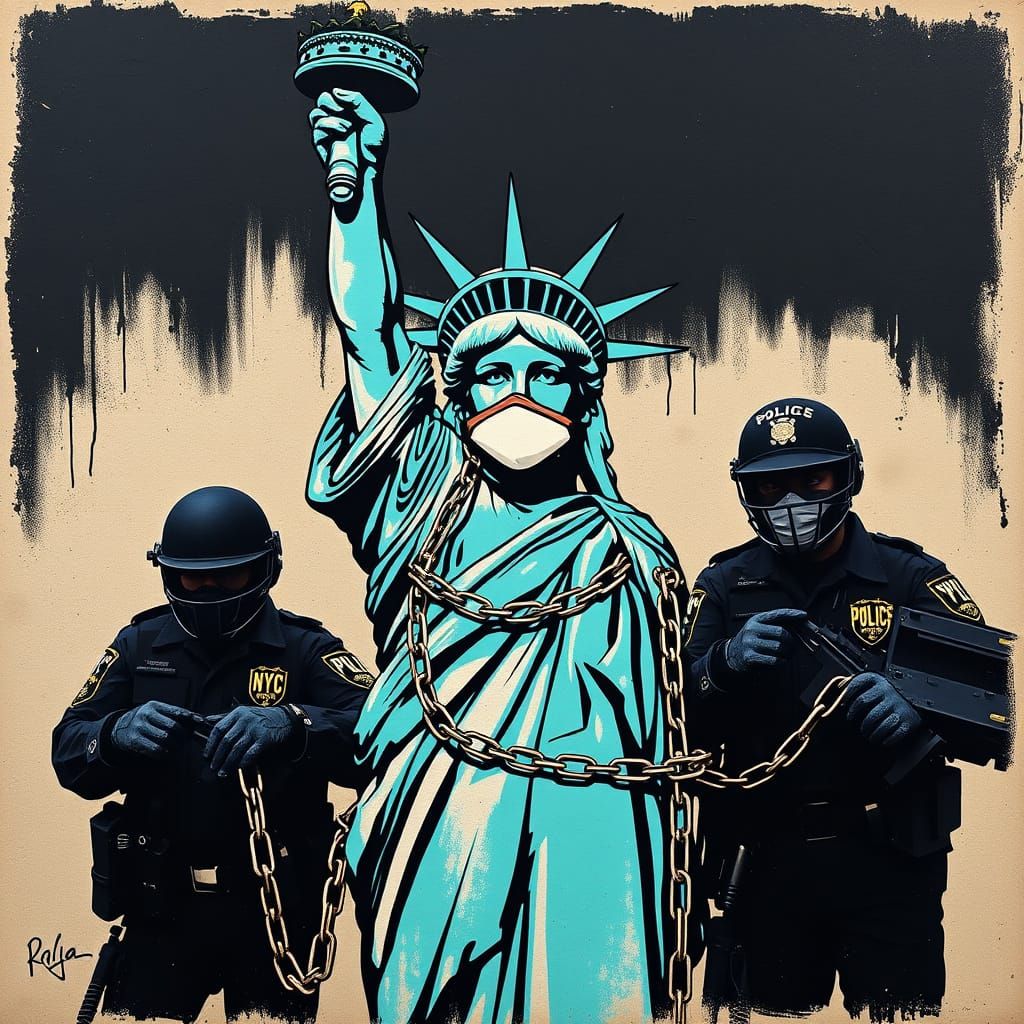 Turquoise Statue of Liberty in Riot Gear, Shackled and Silen...