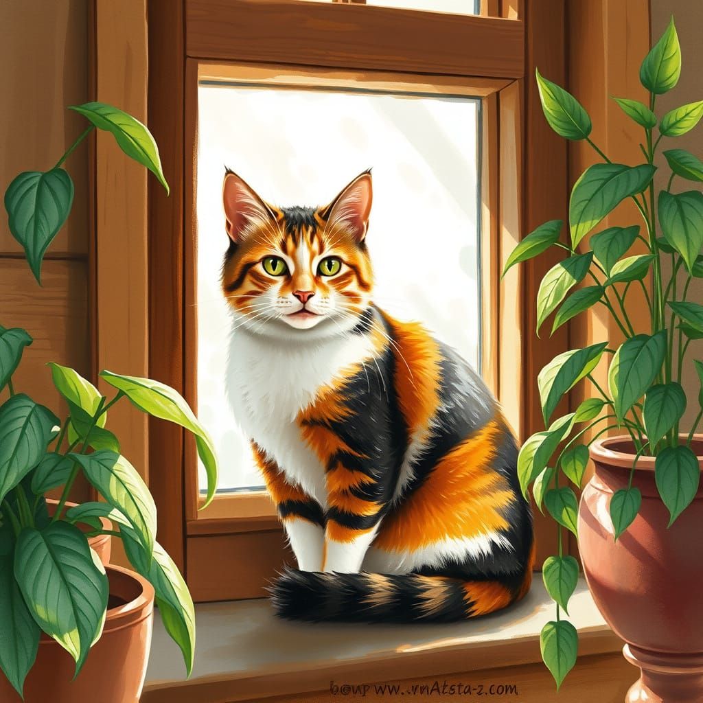 Calico Cat in Impressionist Style with Vibrant Fur and Green...