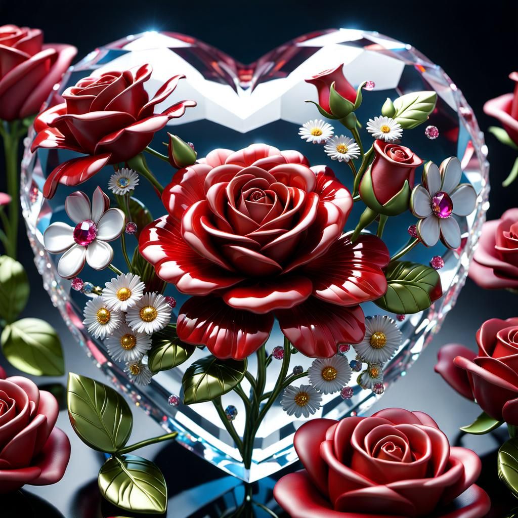 A beautiful Swarovski crystal heart with roses and daisies