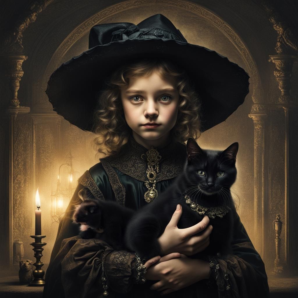 Young Witch and Kitten in Baroque Style