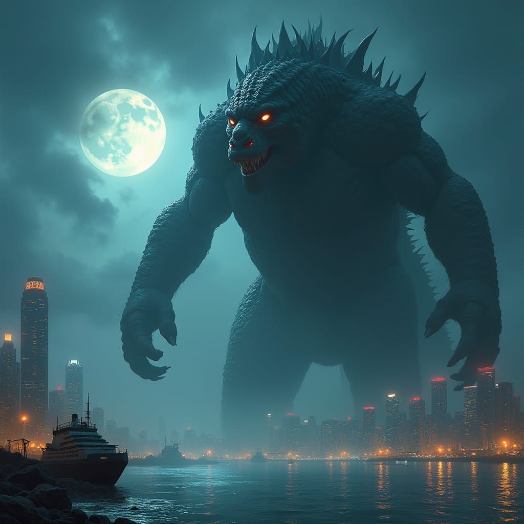 Giant Kaiju Emerges from Cityscape Nighttime Shadows
