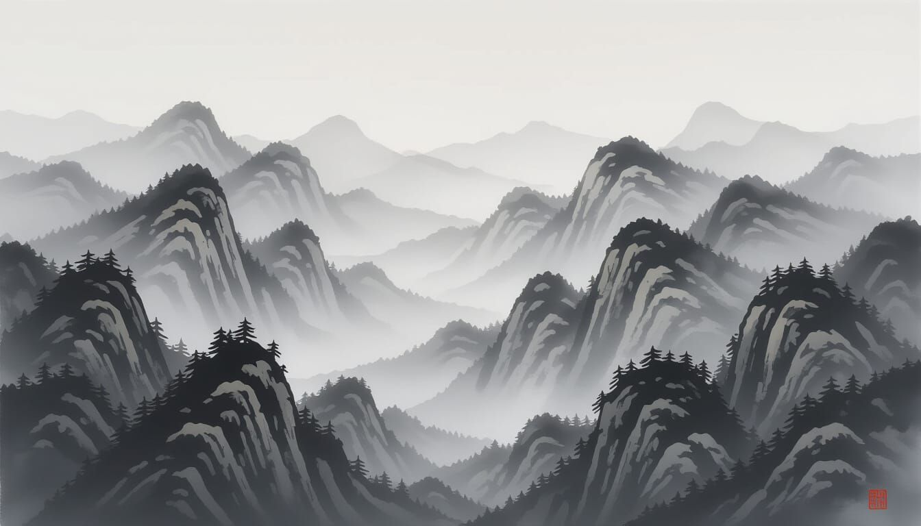 Monochrome Ink Wash Mountains in Misty Distance
