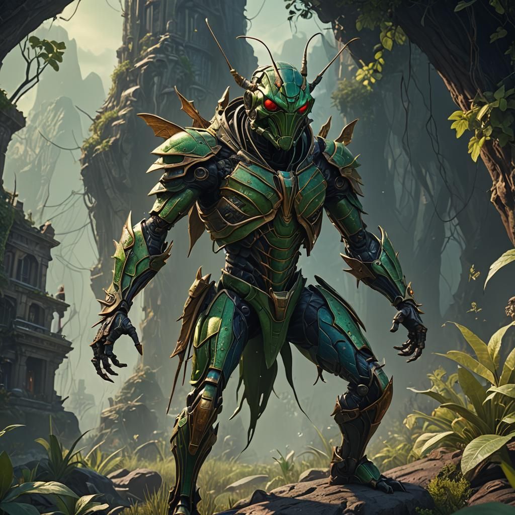 Fantastical Grasshopper Man in Detailed Matte Painting